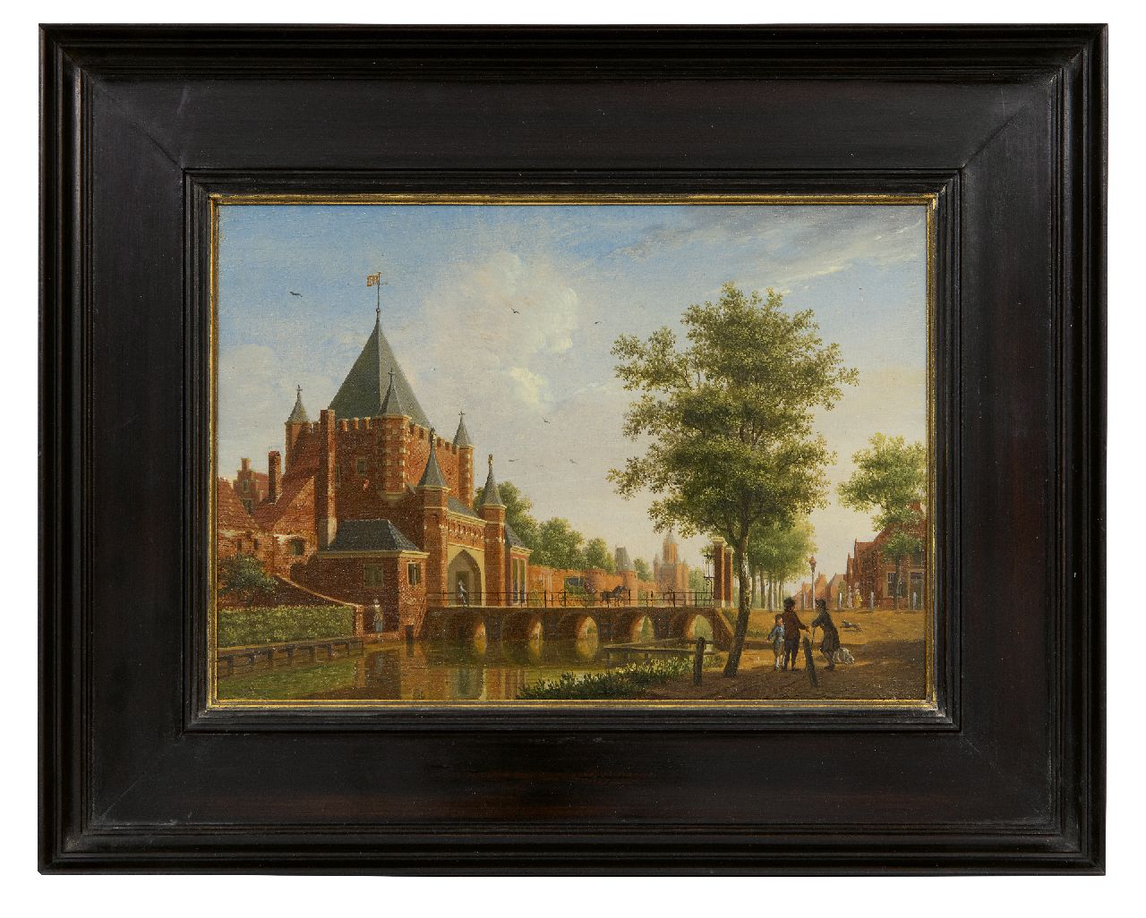 Ouwater I.  | Isaac Ouwater | Paintings offered for sale | View of the city gate Grote Houtpoort in Haarlem, oil on panel 13.8 x 19.6 cm, signed l.r. with monogram and (prijs is per pendant, verkoop alleen tezamen)