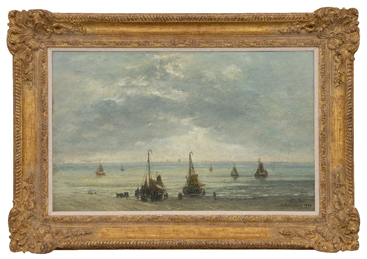 Mesdag H.W.  | Hendrik Willem Mesdag | Paintings offered for sale | Bomschuiten aan de kust, oil on canvas 48.9 x 78.6 cm, signed l.r. and painted 1893-1897