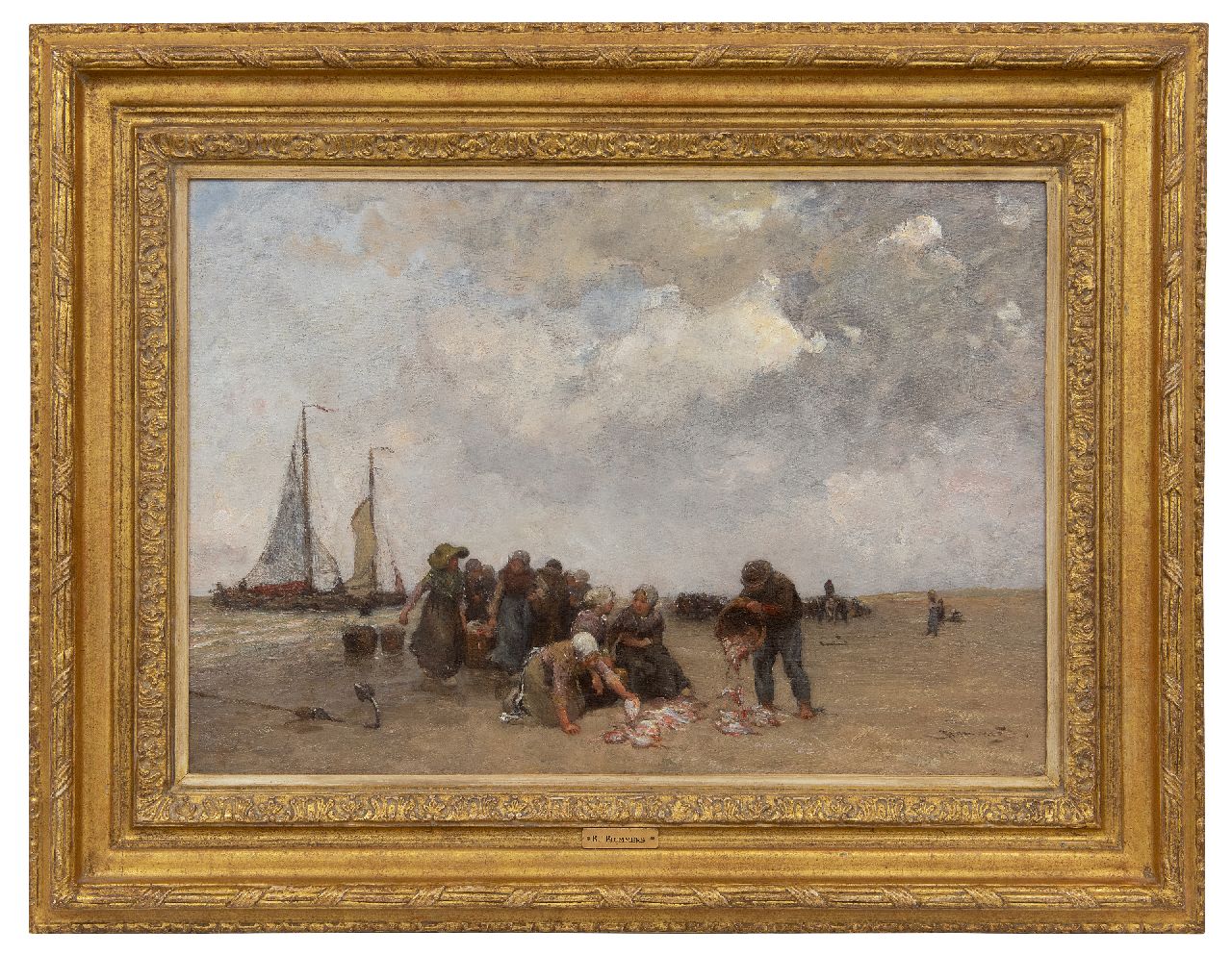 Blommers B.J.  | Bernardus Johannes 'Bernard' Blommers, Selling fish on the beach of Scheveningen, oil on canvas 39.5 x 58.0 cm, signed l.r.