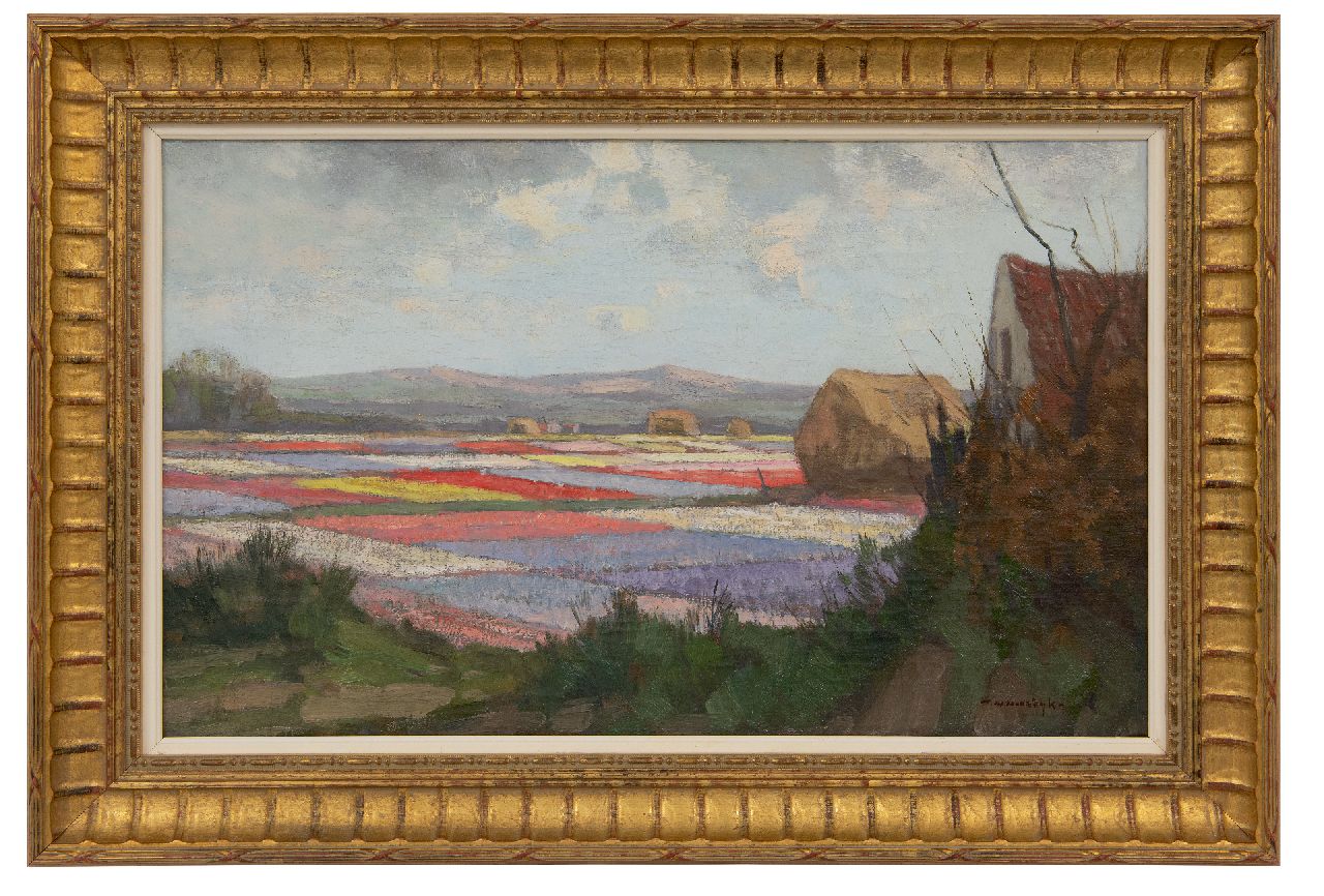 Noordijk W.F.  | 'Willem' Frederik Noordijk, Bulb fields behind the dunes, oil on canvas 30.7 x 50.2 cm, signed l.r.