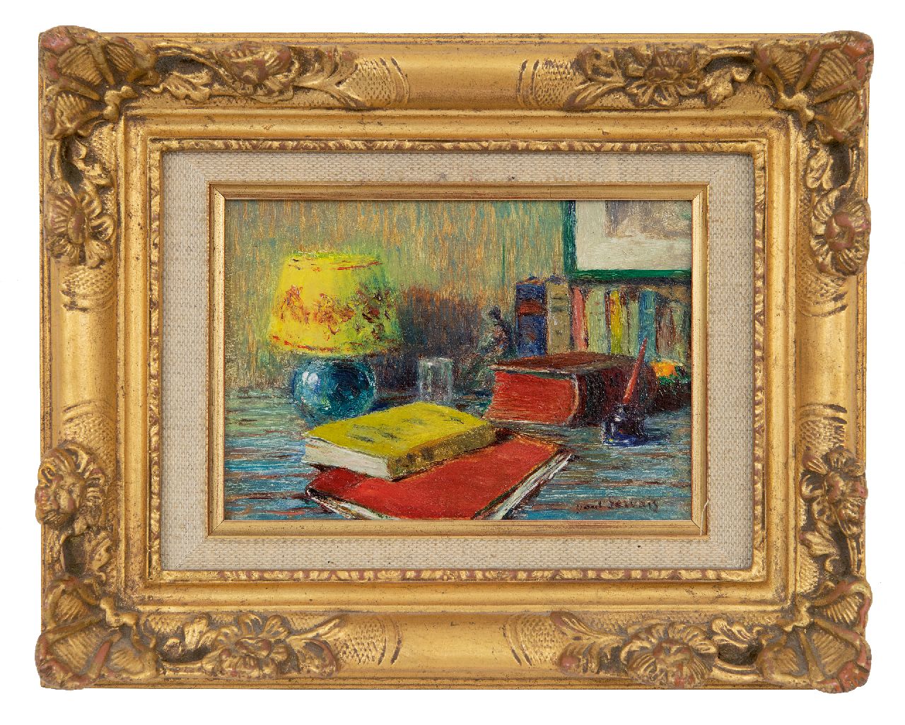 Gervais P.J.L.  | Paul Jean Louis Gervais | Paintings offered for sale | Stillife with books and lamp, oil on panel 10.1 x 14.3 cm, signed l.r.