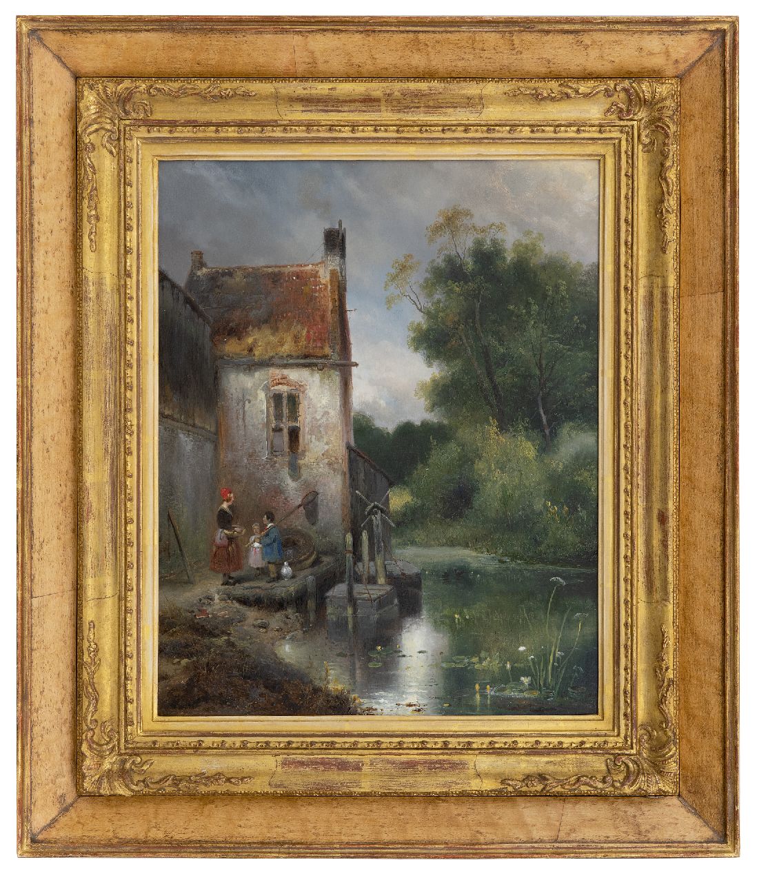 Nuijen W.J.J.  | Wijnandus Johannes Josephus 'Wijnand' Nuijen | Paintings offered for sale | Women and children near a house, oil on panel 41.9 x 33.1 cm, signed l.r. and dated 1834