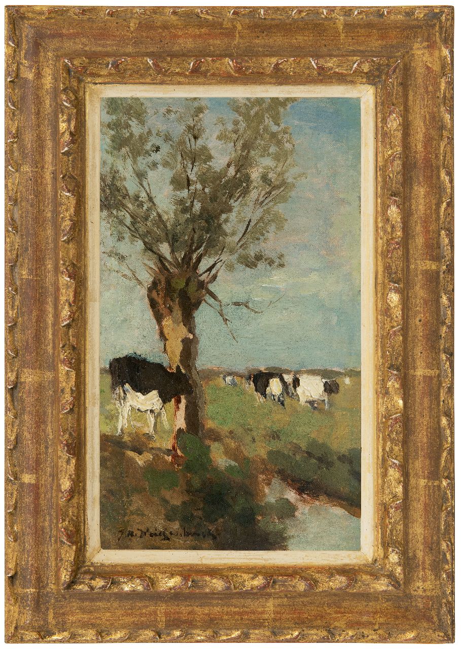 Weissenbruch H.J.  | Hendrik Johannes 'J.H.' Weissenbruch, Cows at a pollard willow, oil on canvas laid down on panel 32.1 x 19.1 cm, signed l.l. and painted ca. 1890