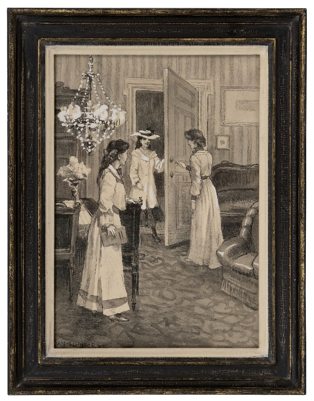 Sluijters J.C.B.  | Johannes Carolus Bernardus 'Jan' Sluijters |  offered for sale | The visit, charcoal, ink and gouache on paper 26.0 x 18.1 cm, signed l.l.