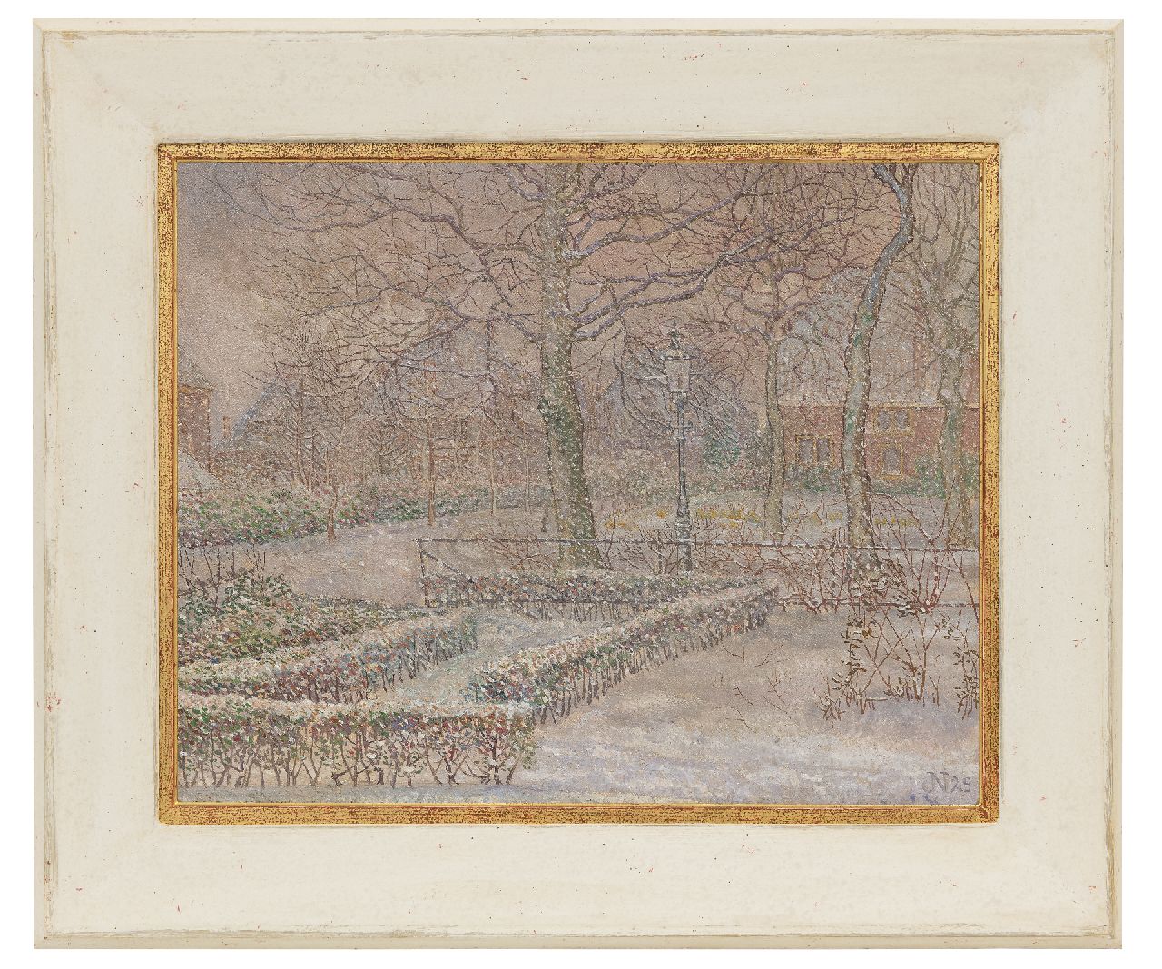 Nieweg J.  | Jakob Nieweg, The artist's snowy garden, Amersfoort, oil on canvas 40.5 x 50.5 cm, signed l.r. with monogram and dated '29