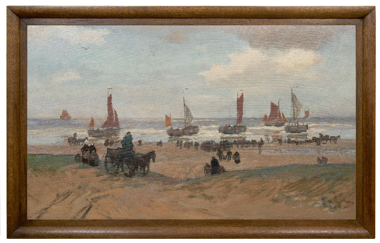 Sluiter J.W.  | Jan Willem 'Willy' Sluiter | Paintings offered for sale | Awaiting the catch at the beach of Katwijk aan Zee, oil on canvas 89.0 x 149.5 cm, signed on the stretcher and painted  1898-1909