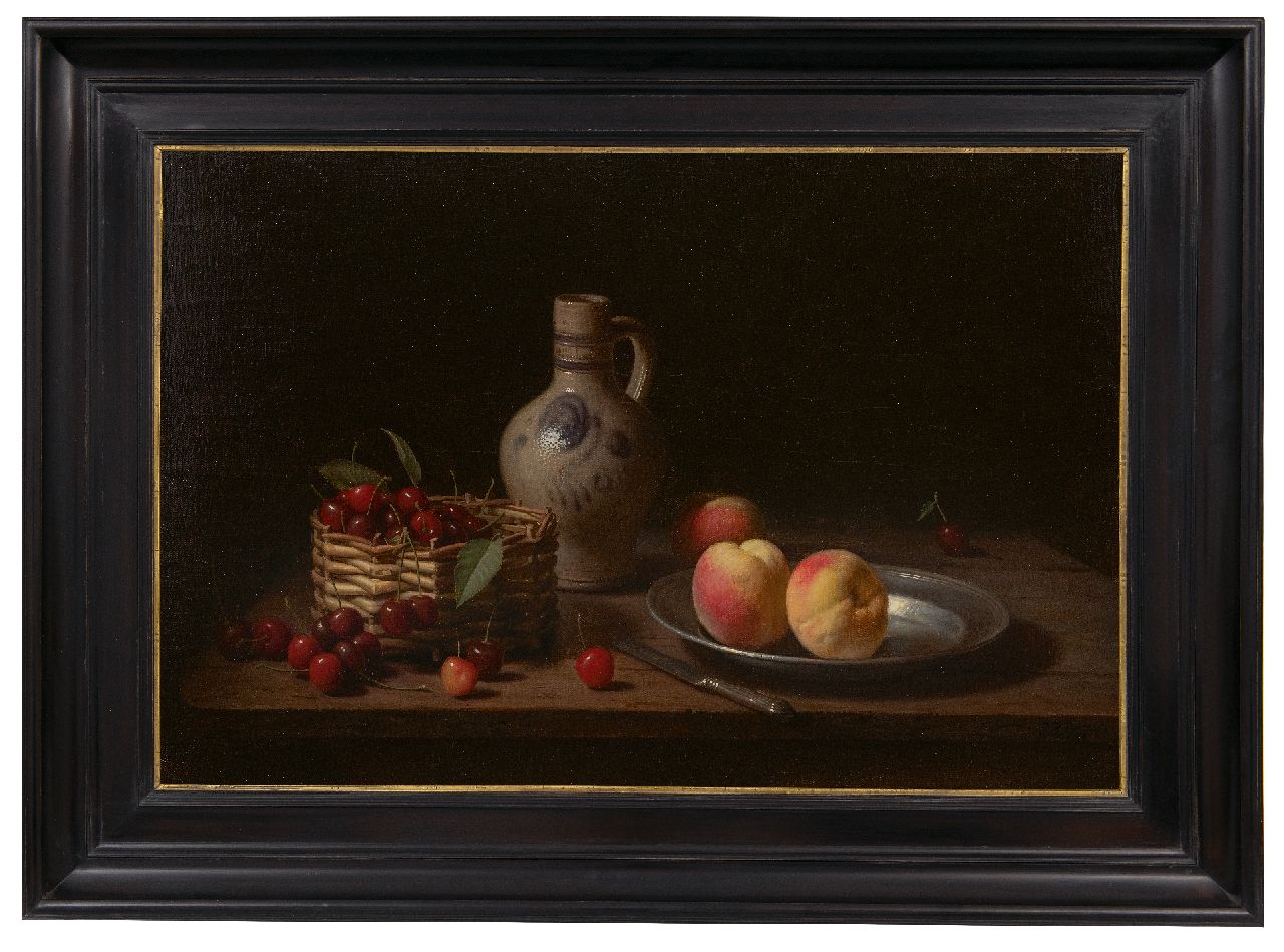 Eversen J.H.  | Johannes Hendrik 'Jan' Eversen | Paintings offered for sale | Still life with cherries in basket, jug and peaches, oil on canvas 40.8 x 61.0 cm, signed l.r. and dated 1973