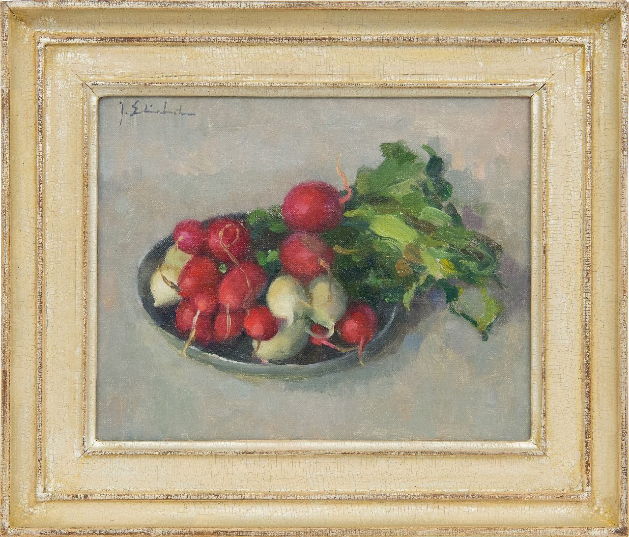 Stierhout J.A.U.  | Josephus Antonius Ubaldus 'Joop' Stierhout, Red and white radishes on a plate, oil on canvas 20.1 x 25.3 cm, signed u.l.