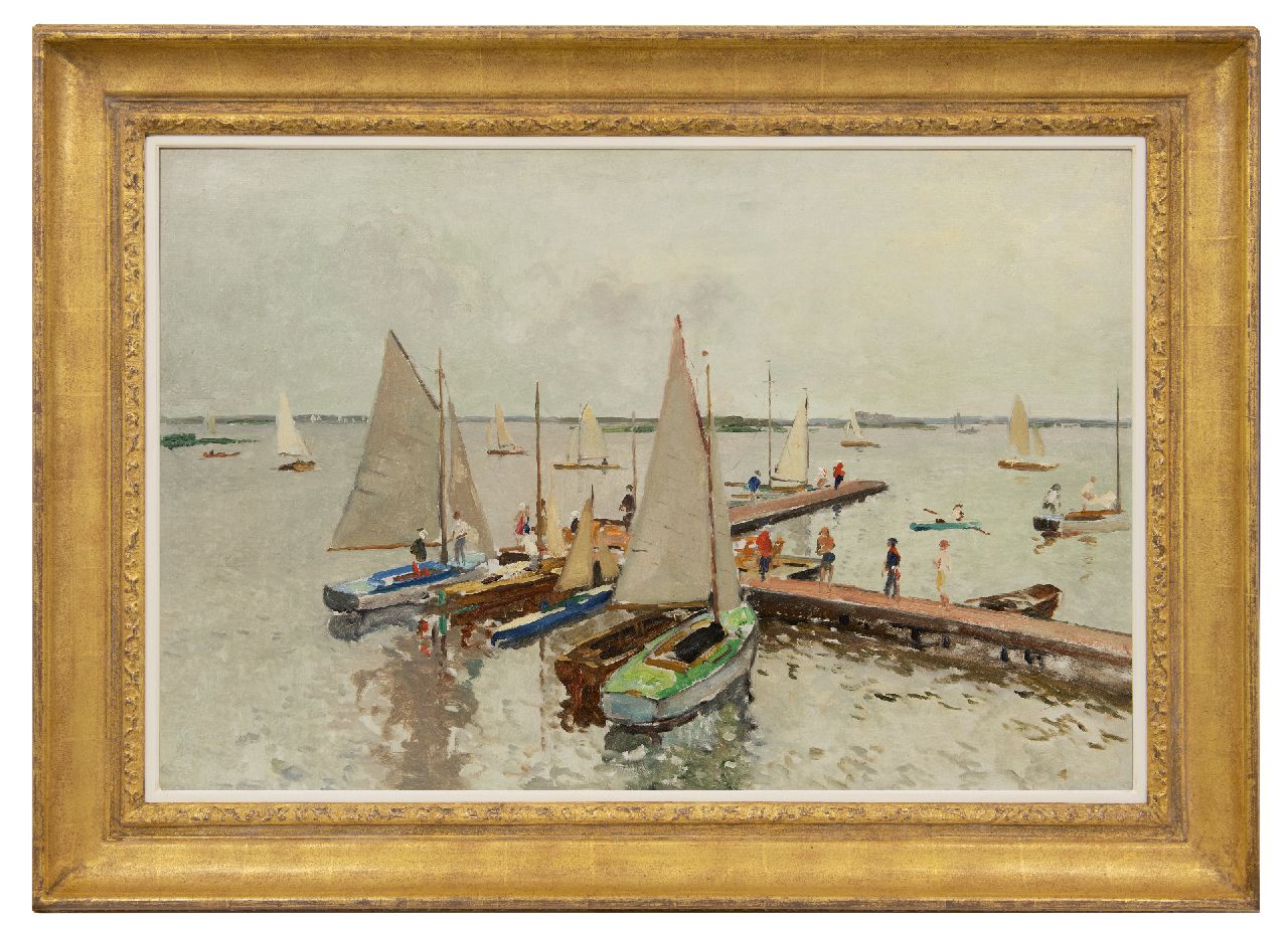Vreedenburgh C.  | Cornelis Vreedenburgh, Docked sailing boats at the Loosdrechtse Plassen, oil on canvas 59.0 x 89.0 cm, signed l.r. (remains) and painted ca. 1937
