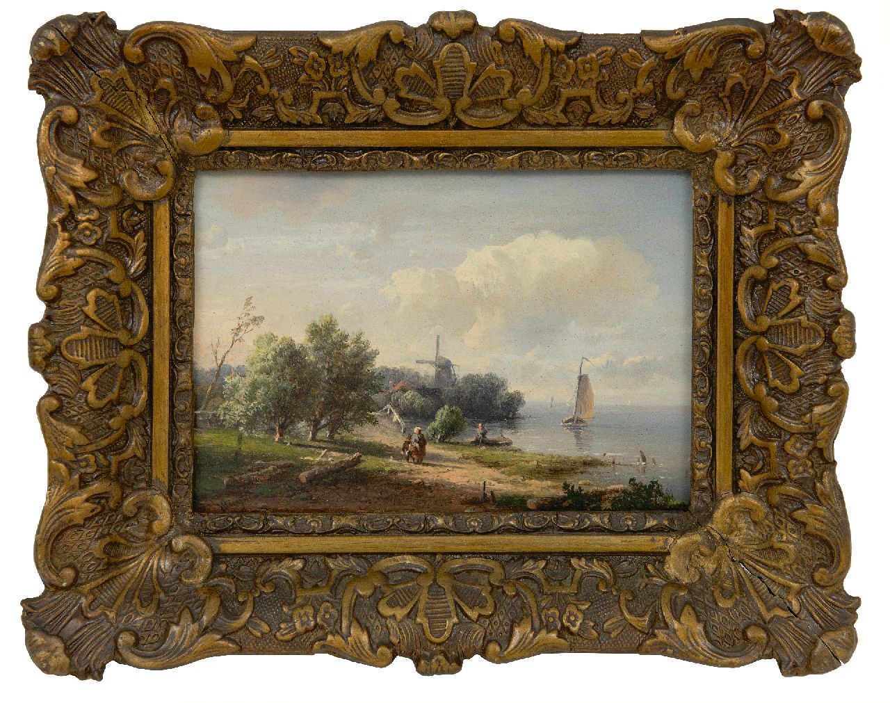 Kluyver P.L.F.  | 'Pieter' Lodewijk Francisco Kluyver | Paintings offered for sale | Summer landscape with figures and mill along the water, oil on panel 13.2 x 18.5 cm, signed l.l.