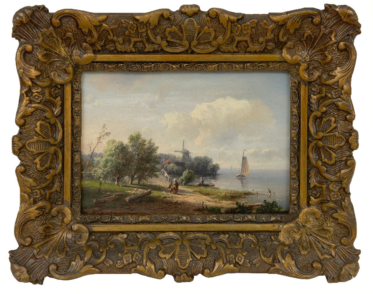 Kluyver P.L.F.  | 'Pieter' Lodewijk Francisco Kluyver | Paintings offered for sale | Summer landscape with figures and mill along the water, oil on panel 13.2 x 18.5 cm, signed l.l.