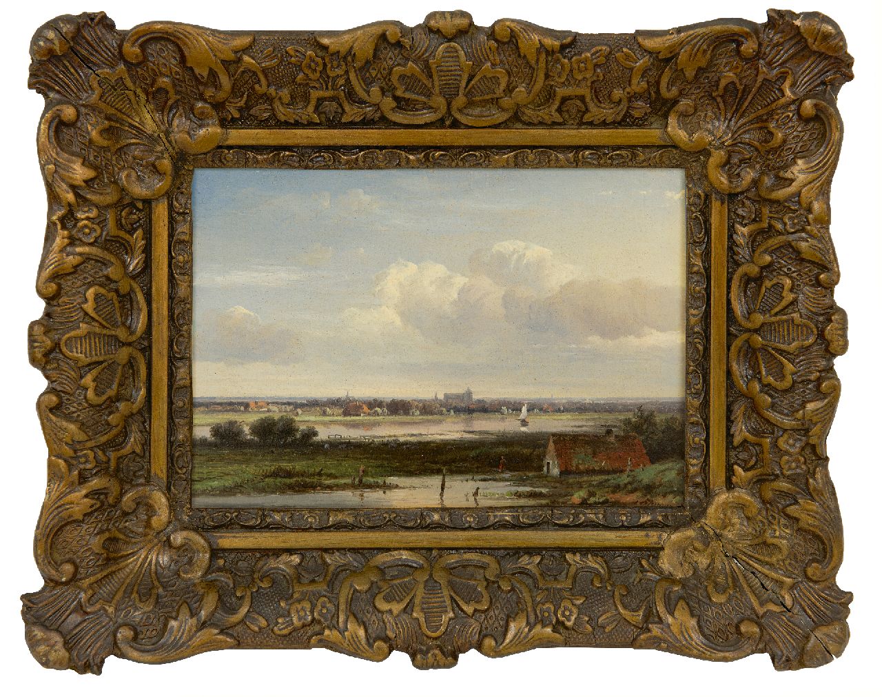 Kluyver P.L.F.  | 'Pieter' Lodewijk Francisco Kluyver | Paintings offered for sale | Vast river landscape with a village in the distance, oil on panel 13.6 x 18.4 cm, signed l.r.