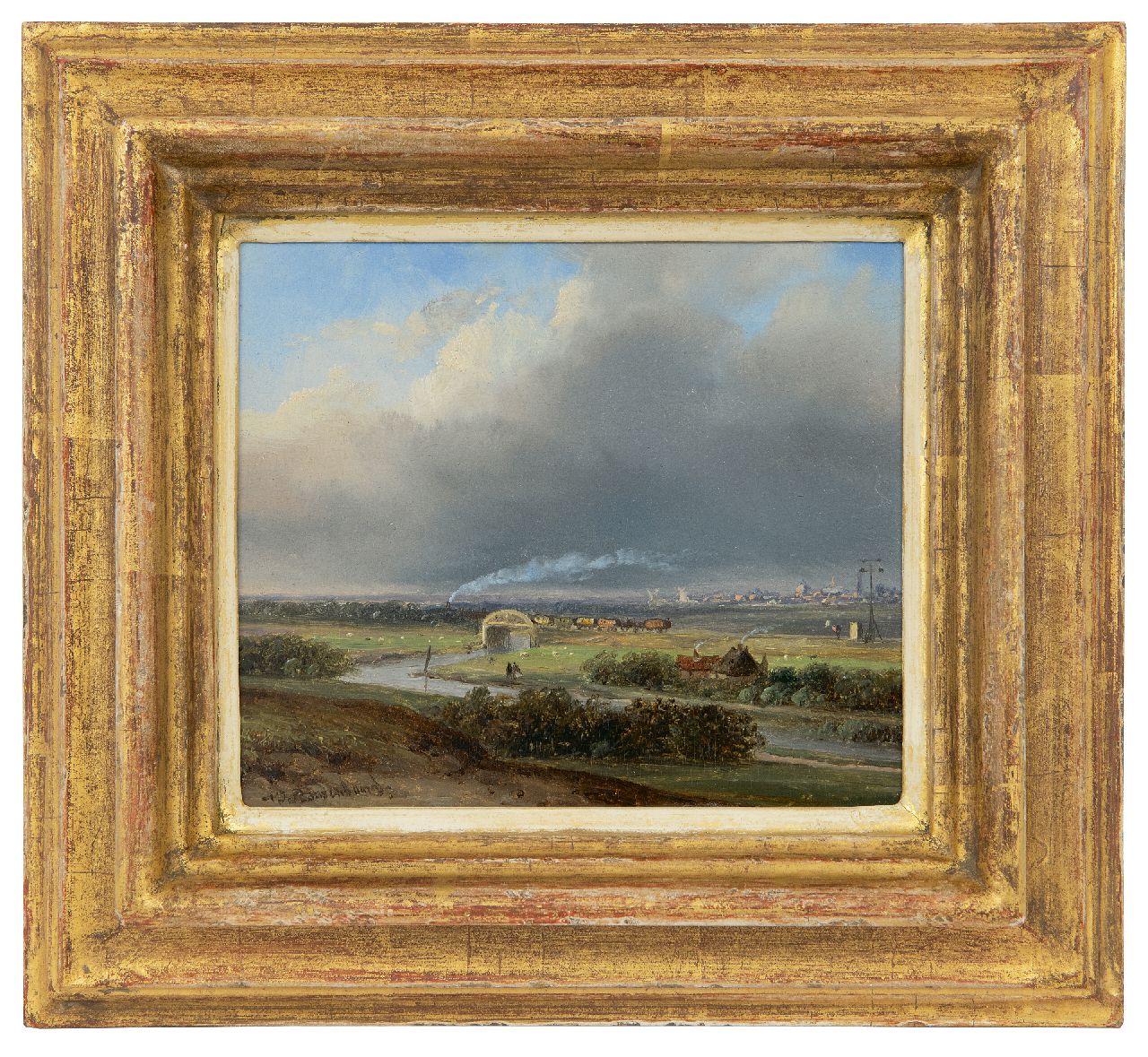 Roosenboom N.J.  | Nicolaas Johannes Roosenboom | Paintings offered for sale | A panoramic landscape with a steam train in the distance, oil on panel 13.7 x 15.8 cm, signed l.l.