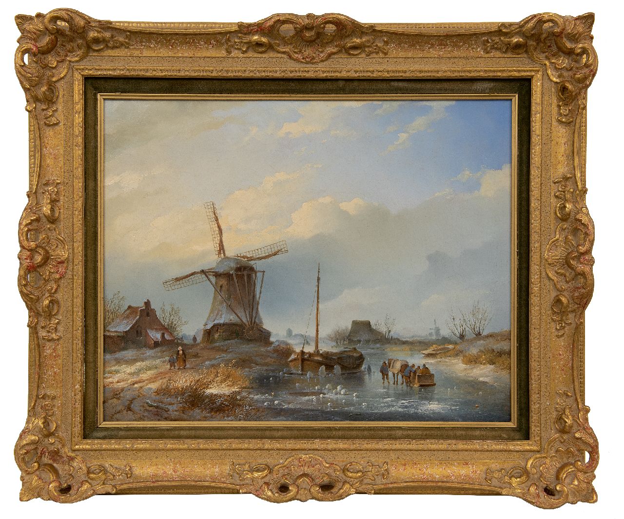 Hilverdink J.  | Johannes Hilverdink | Paintings offered for sale | A cold winter´s day with figures on the ice near a windmill, oil on canvas 40.0 x 50.5 cm, signed l.l. and dated 1842