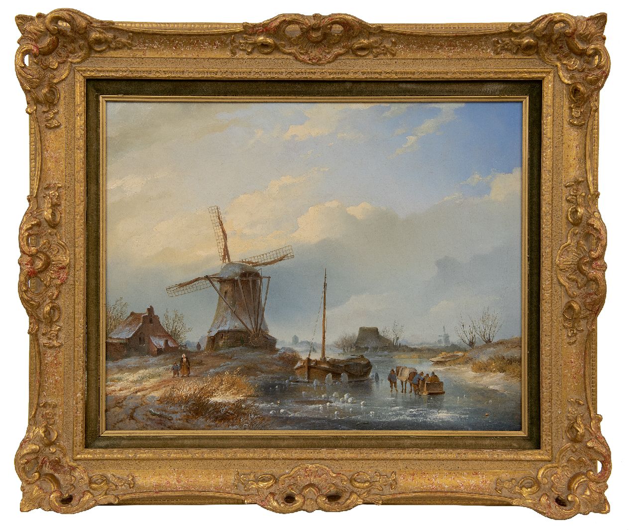 Hilverdink J.  | Johannes Hilverdink, A cold winter´s day with figures on the ice near a windmill, oil on canvas 40.0 x 50.5 cm, signed l.l. and dated 1842