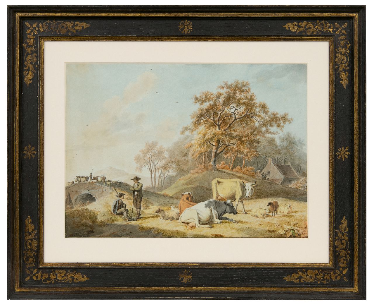 Koekkoek B.C.  | Barend Cornelis Koekkoek | Watercolours and drawings offered for sale | Arcadian landscape with shepherds and cattle, ink and watercolour on paper 26.7 x 37.5 cm, signed l.l. and ca 1824