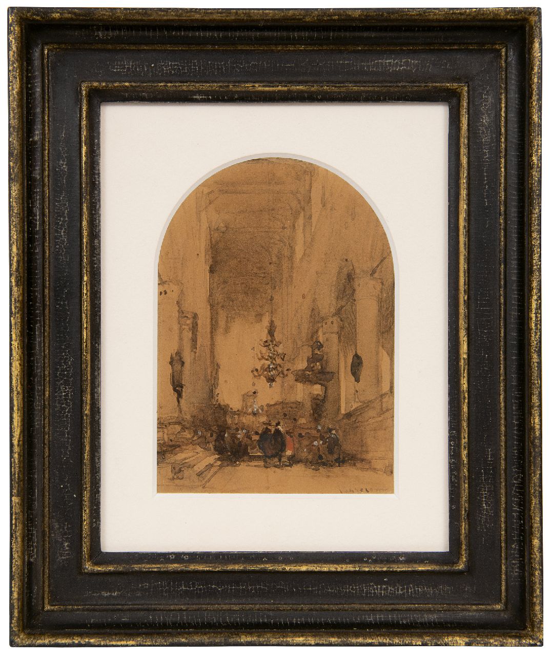 Bosboom J.  | Johannes Bosboom | Watercolours and drawings offered for sale | Figures in the Pieterskerk, Leiden, ink and watercolour on paper 11.9 x 8.4 cm, signed l.r.