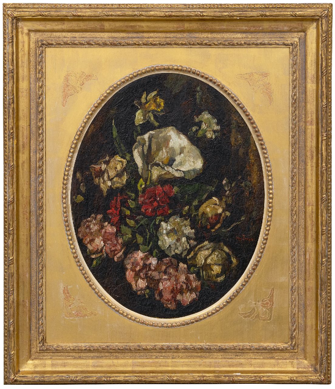 Zwart W.H.P.J. de | Wilhelmus Hendrikus Petrus Johannes 'Willem' de Zwart | Paintings offered for sale | A bouquet with an arum, narcissus and roses, oil on canvas 44.2 x 35.3 cm, signed c.r.