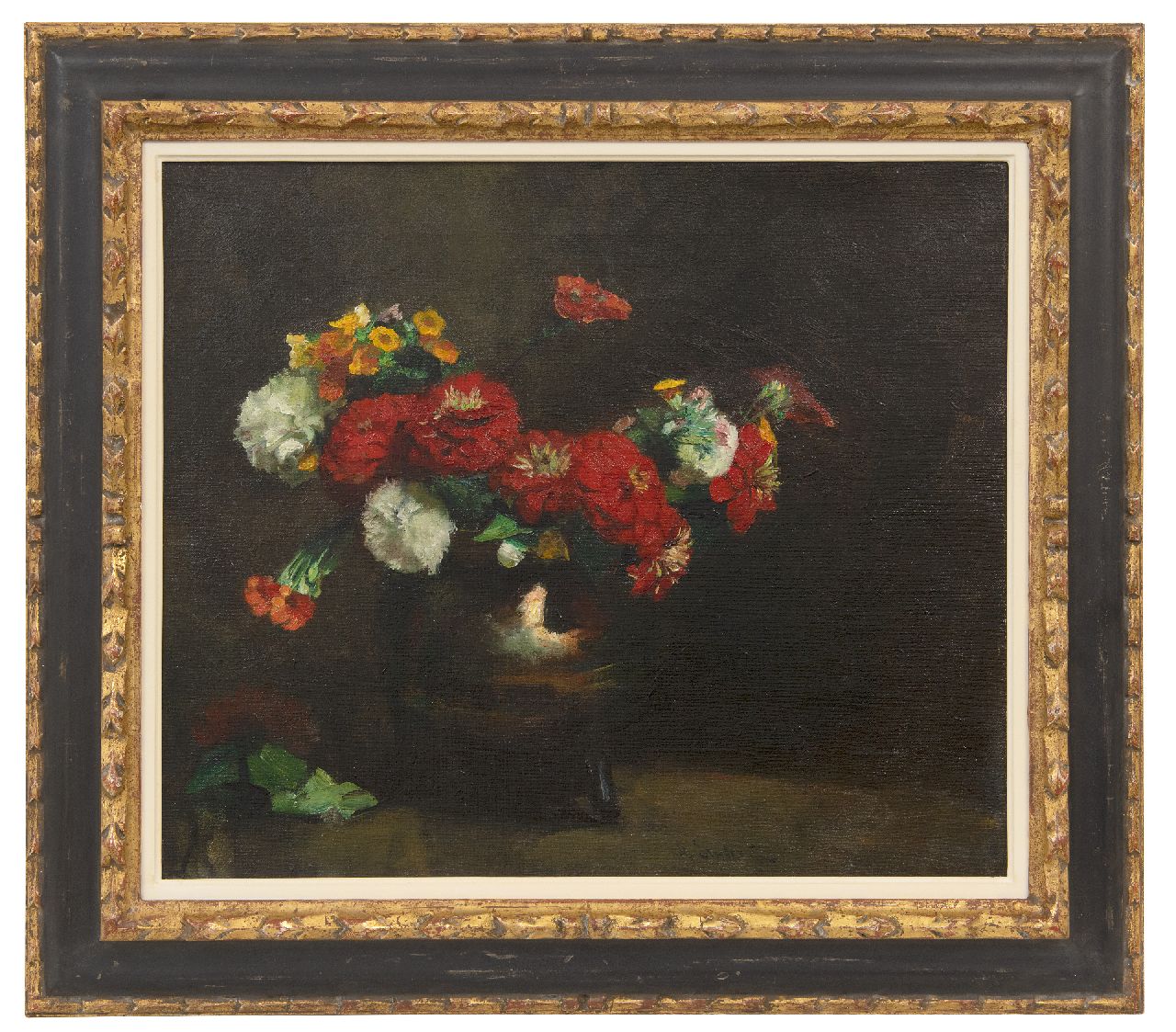 Arntzenius P.F.N.J.  | Pieter Florentius Nicolaas Jacobus 'Floris' Arntzenius | Paintings offered for sale | Zinnias in a copper vase, oil on canvas 43.0 x 50.4 cm, signed l.m.