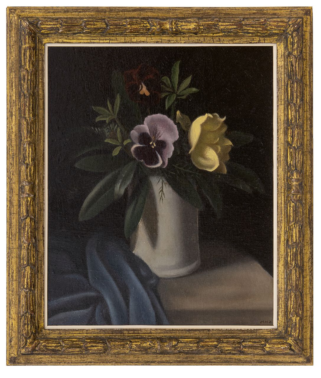 Hynckes-Zahn M.  | Marguerite Hynckes-Zahn | Paintings offered for sale | Flower still life with violet and rose, oil on canvas laid down on board 42.6 x 33.7 cm, signed l.r. with initials