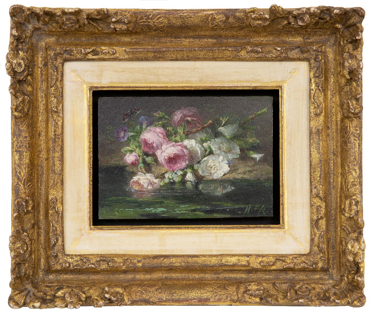 Roosenboom M.C.J.W.H.  | 'Margaretha' Cornelia Johanna Wilhelmina Henriëtta Roosenboom, Roses on the forest floor, oil on panel 9.0 x 12.9 cm, signed l.r. with initials