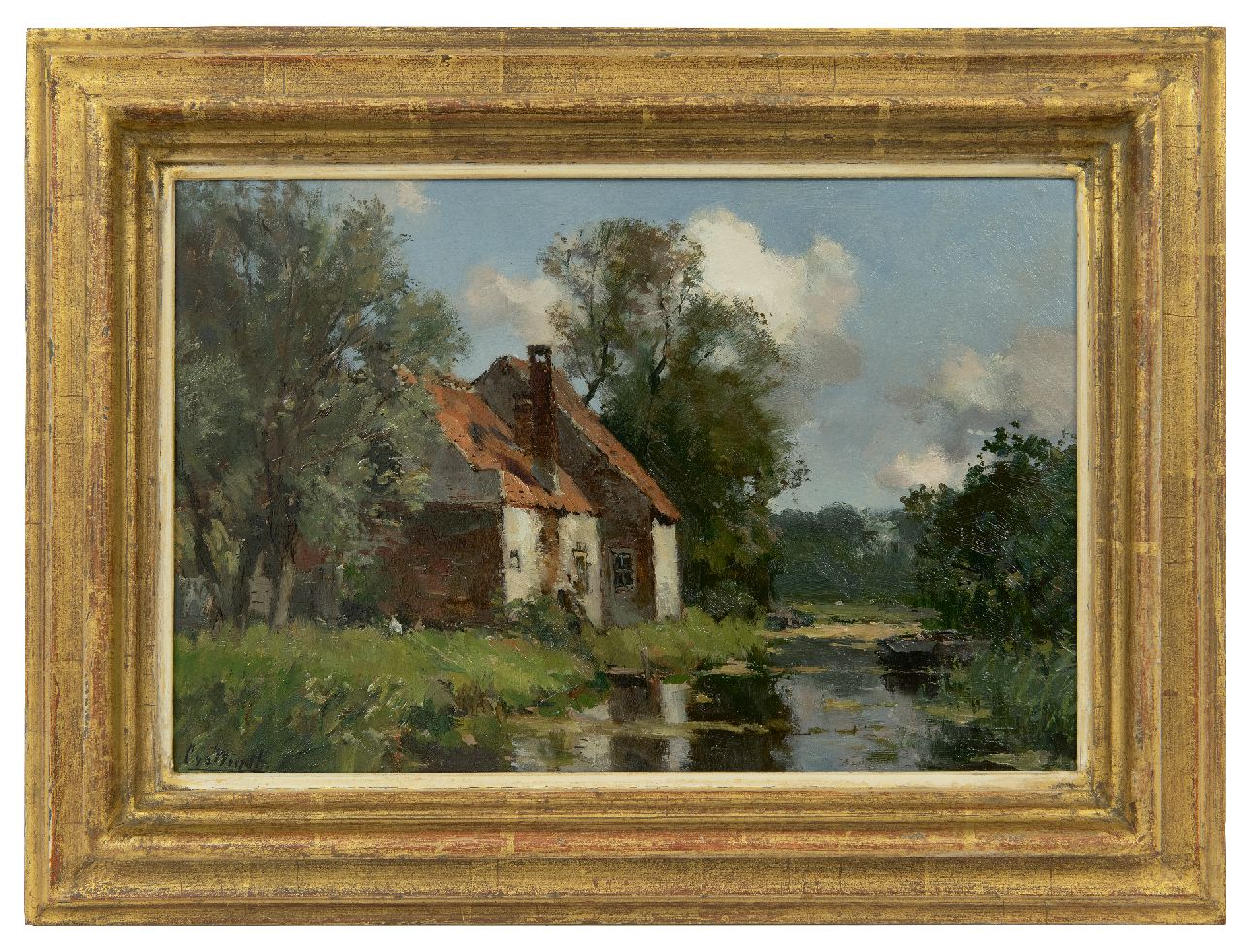 Windt Ch. van der | Christophe 'Chris' van der Windt, Farm on a ditch, oil on paper laid down on panel 20.7 x 30.6 cm, signed l.l.