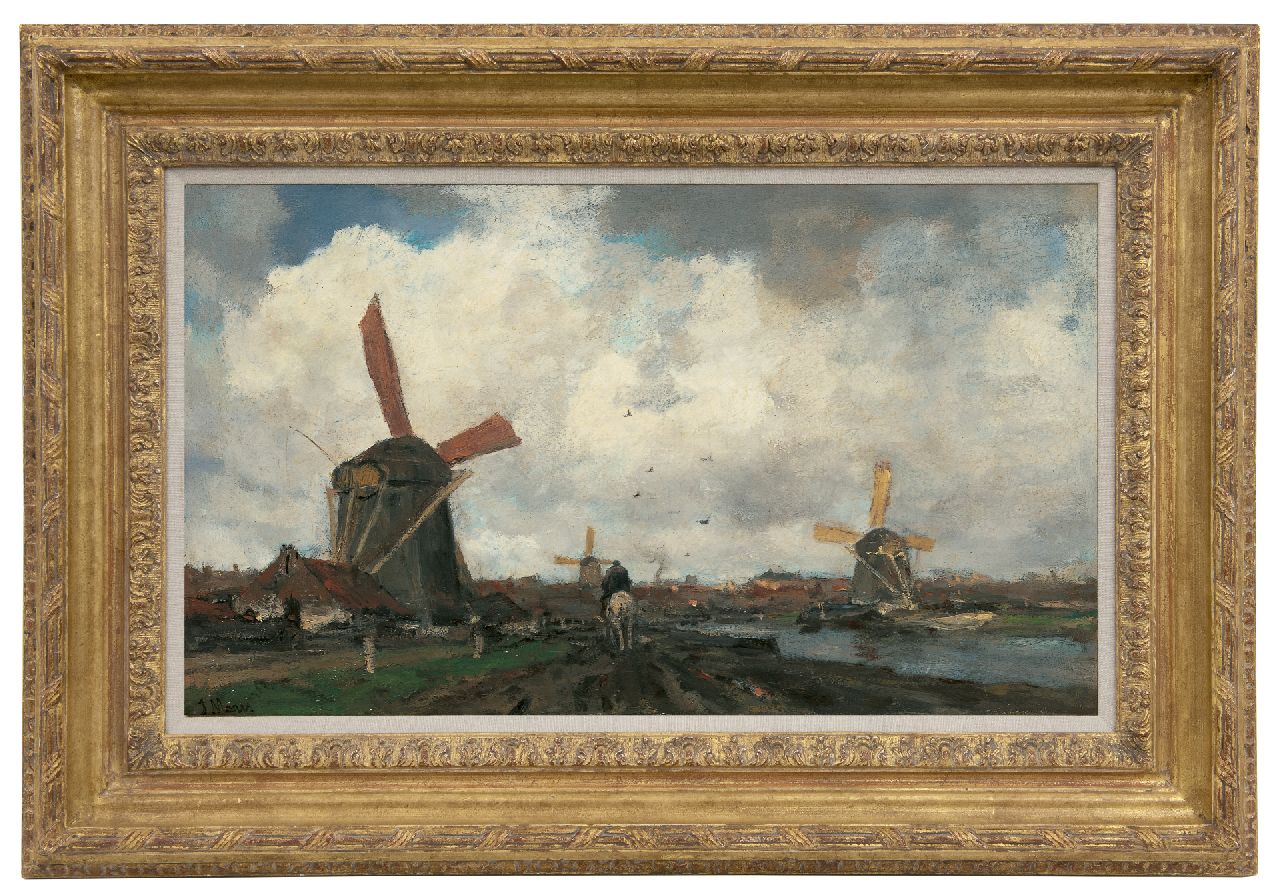 Maris J.H.  | Jacobus Hendricus 'Jacob' Maris, Windmills along a canal, oil on canvas 38.3 x 64.9 cm, signed l.l.