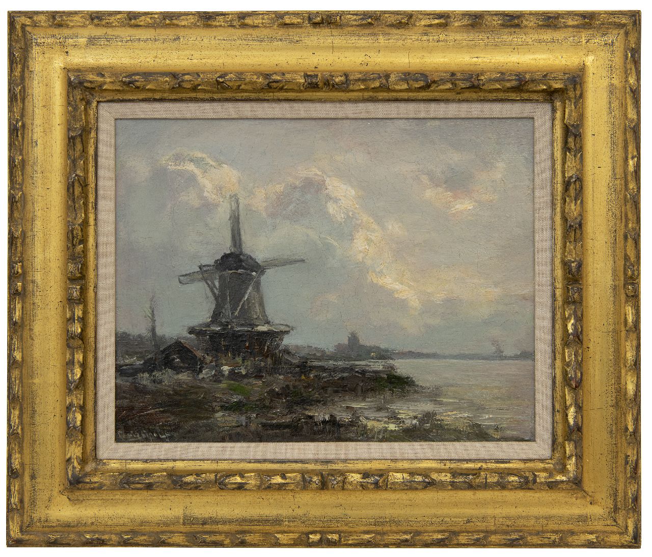 Apol L.F.H.  | Lodewijk Franciscus Hendrik 'Louis' Apol, A windmill on the river Vliet, oil on canvas 25.3 x 32.5 cm, signed l.l.