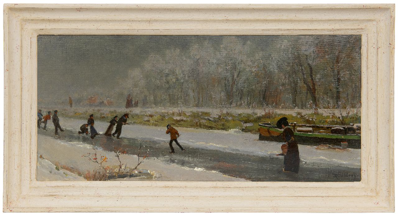 Jordens D.  | Daniël Jordens | Paintings offered for sale | Skaters on a frozen river, oil on canvas laid down on board 27.3 x 59.8 cm, signed l.r. and dated 1909