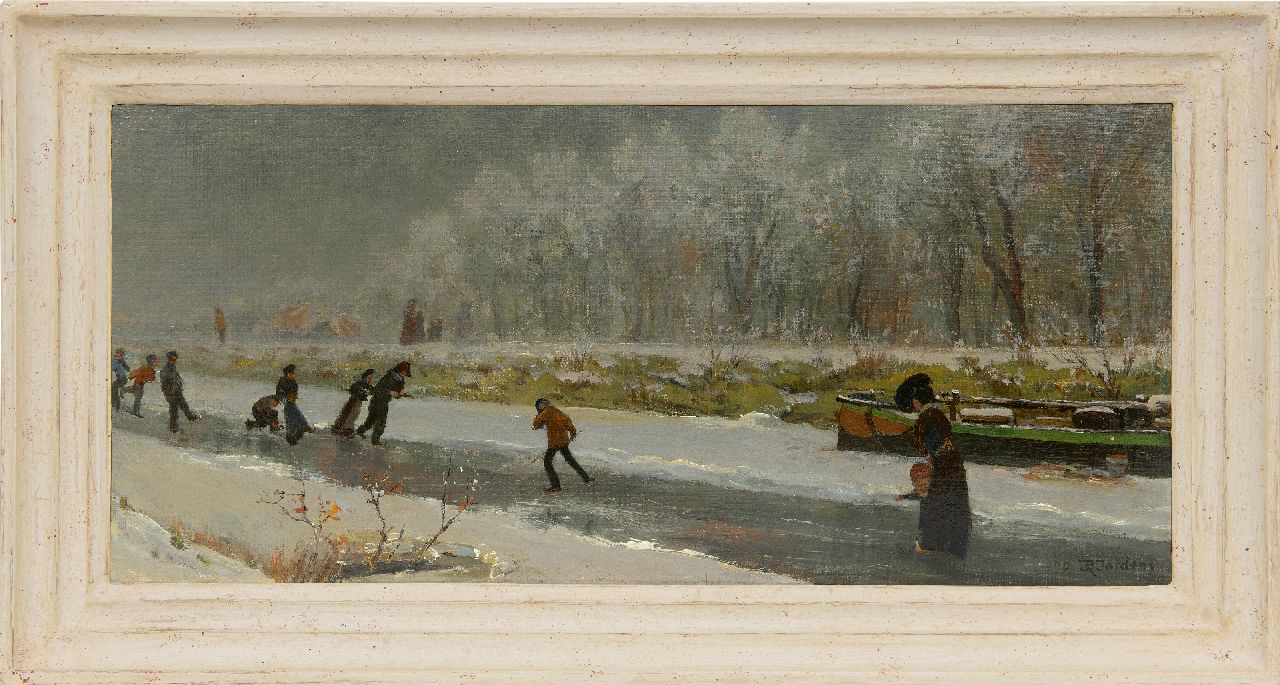 Jordens D.  | Daniël Jordens | Paintings offered for sale | Skaters on a frozen river, oil on canvas laid down on board 27.3 x 59.8 cm, signed l.r. and dated 1909