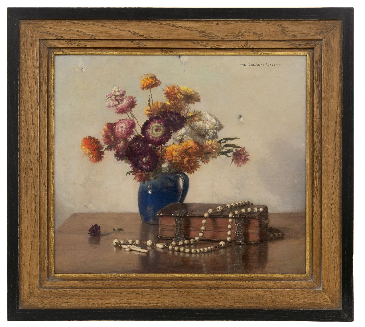 Bogaerts J.J.M.  | Johannes Jacobus Maria 'Jan' Bogaerts | Paintings offered for sale | Still life with bible and a vase with straw flowers, oil on canvas 35.5 x 40.5 cm, signed u.r. and dated 1942