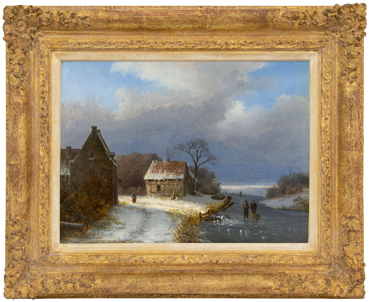 Klombeck J.B.  | Johann Bernard Klombeck, Winter landscape with skaters and wood gatherer, oil on panel 22.9 x 31.3 cm, signed l.l. with initials and dated 1841