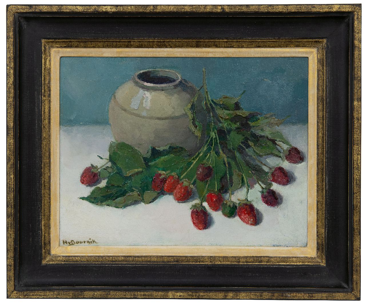 Doornik H. van | Heertje van Doornik | Paintings offered for sale | Still life of wild strawberries and ginger jar, oil on painter's board 24.0 x 31.6 cm, signed l.l.