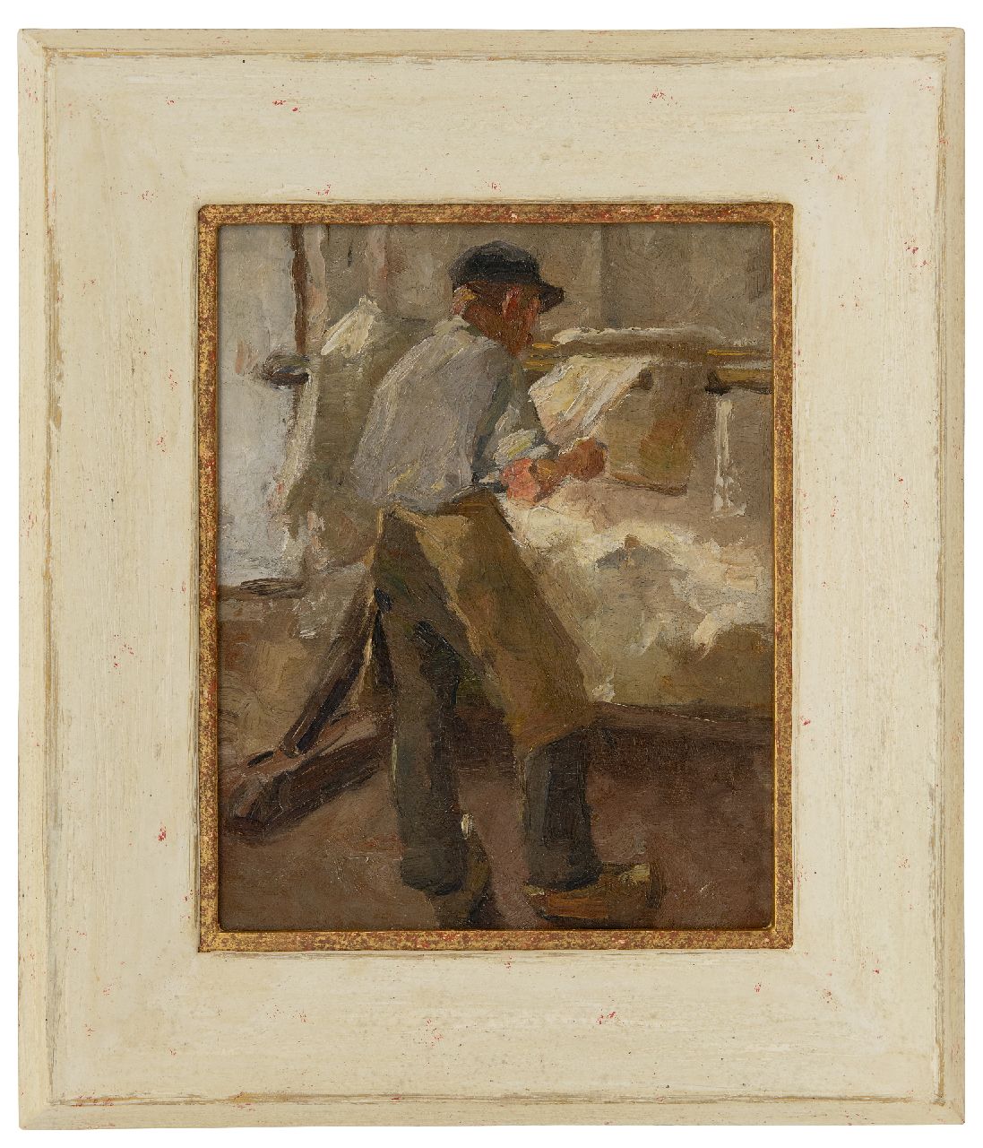 Rappard A.G.A. van | 'Anthon' Gerhard Alexander van Rappard | Paintings offered for sale | Young workman at a stretching frame, oil on canvas 33.1 x 26.3 cm, painted ca. 1890-1891