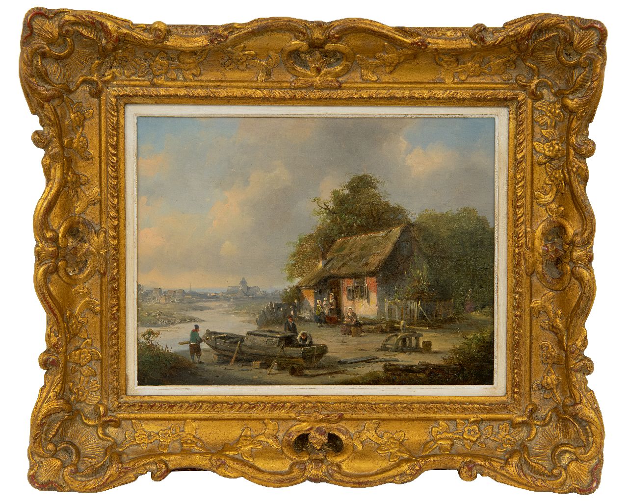 Carabain J.F.J.  | 'Jacques' François Joseph Carabain | Paintings offered for sale | A river landscape with a cottage and shipyard, oil on panel 19.3 x 25.3 cm, signed l.l.