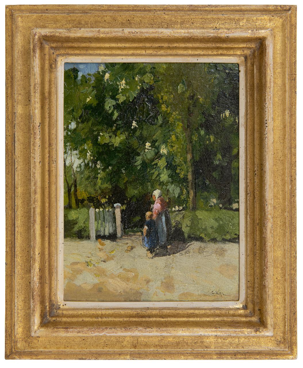 Vreedenburgh C.  | Cornelis Vreedenburgh | Paintings offered for sale | Mother and child at a garden gate, oil on canvas 21.4 x 16.2 cm, signed l.r. with initials and dated '07