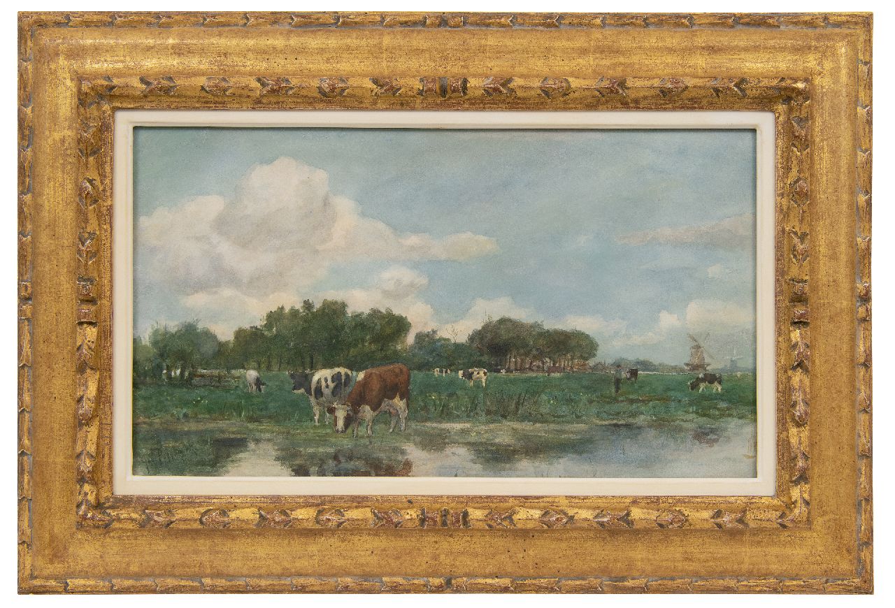 Poggenbeek G.J.H.  | George Jan Hendrik 'Geo' Poggenbeek | Watercolours and drawings offered for sale | Dutch polder landscape with cows and windmills, watercolour on paper 23.5 x 41.0 cm, signed l.l.