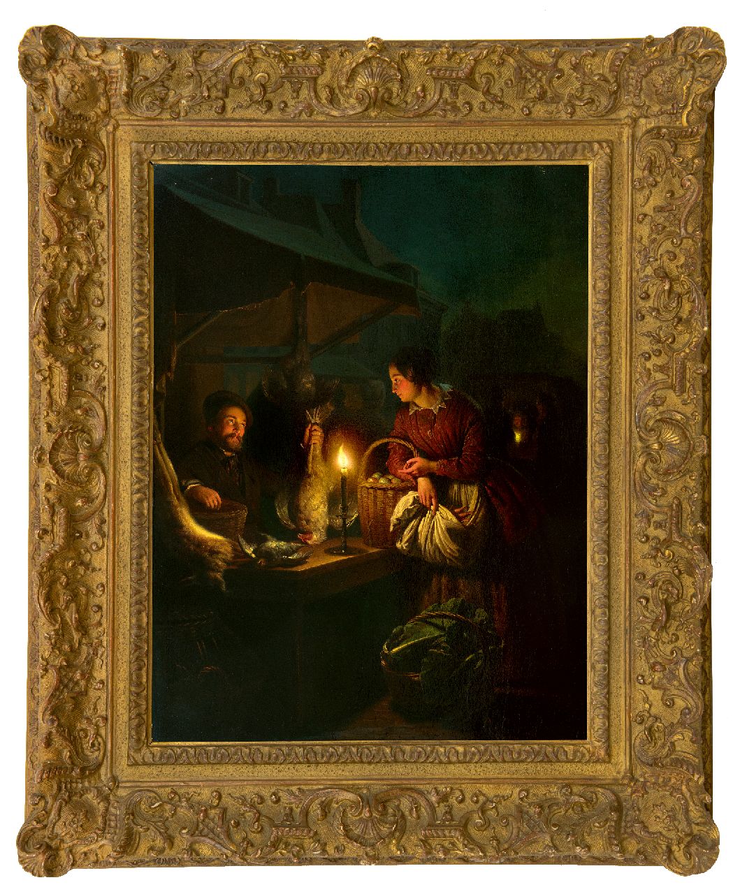 Schendel P. van | Petrus van Schendel, The game and poultry seller, by candle light, oil on panel 57.0 x 42.8 cm, signed l.r. and dated 1856