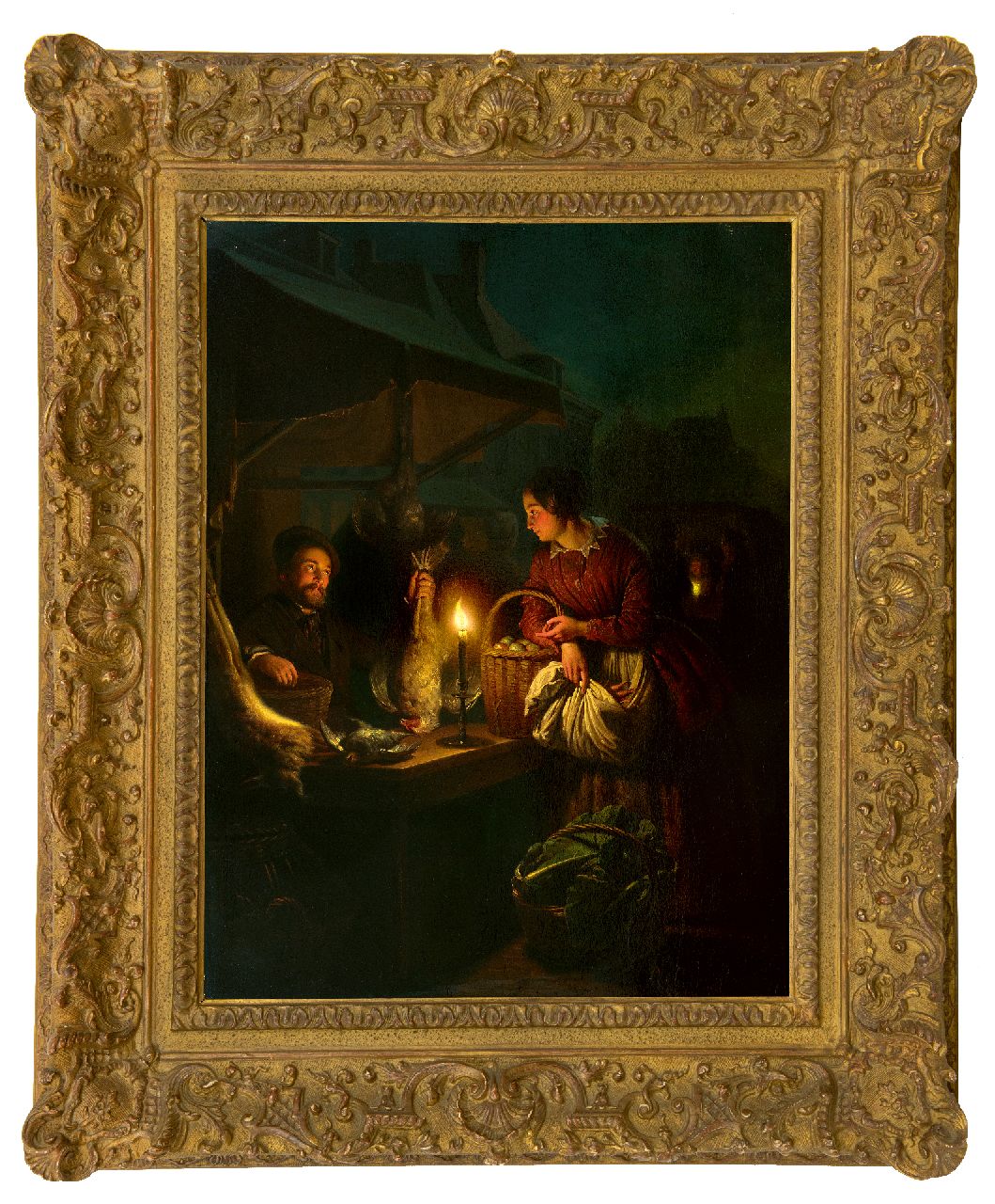 Schendel P. van | Petrus van Schendel, The game and poultry seller, by candle light, oil on panel 57.0 x 42.8 cm, signed l.r. and dated 1856
