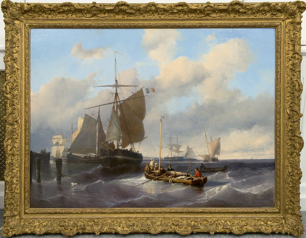 Meijer J.H.L.  | Johan Hendrik 'Louis' Meijer | Paintings offered for sale | Hoisting the sails at pier, oil on panel 79.8 x 110.5 cm, signed l.l.
