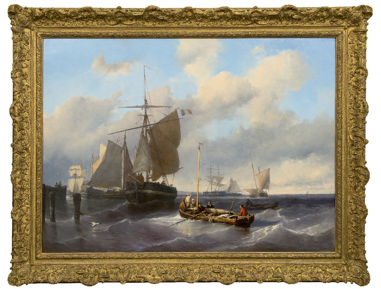 Meijer J.H.L.  | Johan Hendrik 'Louis' Meijer | Paintings offered for sale | Hoisting the sails at pier, oil on panel 79.8 x 110.5 cm, signed l.l.