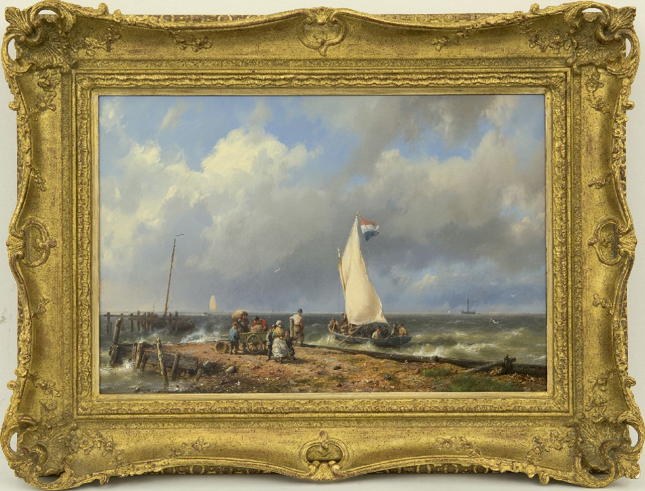 Koekkoek H.  | Hermanus Koekkoek, A Dutch sailing boat setting sail near a harbour entrance, oil on canvas 32.1 x 46.9 cm, signed l.r. and VERKOCHT