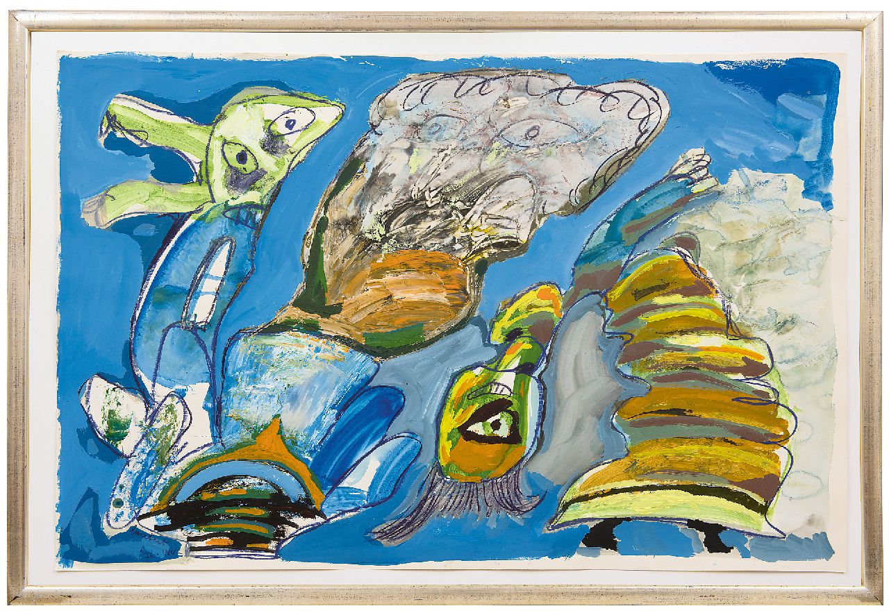 Lucebert (Lubertus Jacobus Swaanswijk)   | Lucebert (Lubertus Jacobus Swaanswijk) | Watercolours and drawings offered for sale | Dancers around the thunderalp, chalk, gouache and oil on paper 64.3 x 99.3 cm, signed l.l. and dated '76.VIII