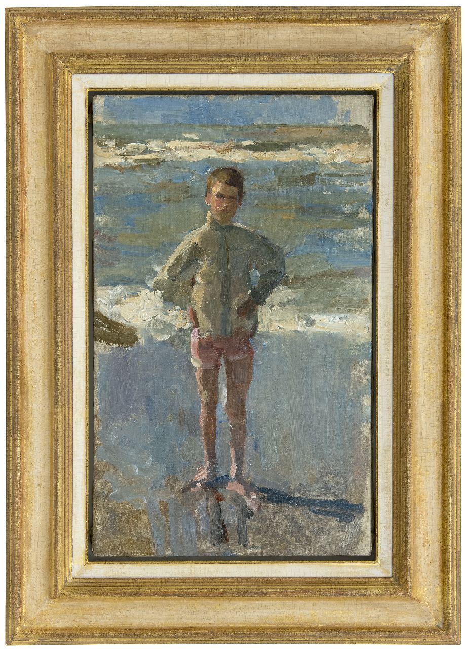 Israels I.L.  | 'Isaac' Lazarus Israels, Young boy on the beach in Scheveningen, oil on canvas 50.0 x 30.0 cm, signed on the stretcher and painted 1895-1905