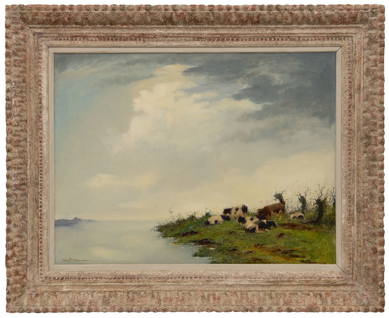 Koeman J.J.  | Jacobus Jan 'Jac. J.' Koeman | Paintings offered for sale | Cows on the riverbank, oil on board 61.4 x 81.4 cm, signed l.l.