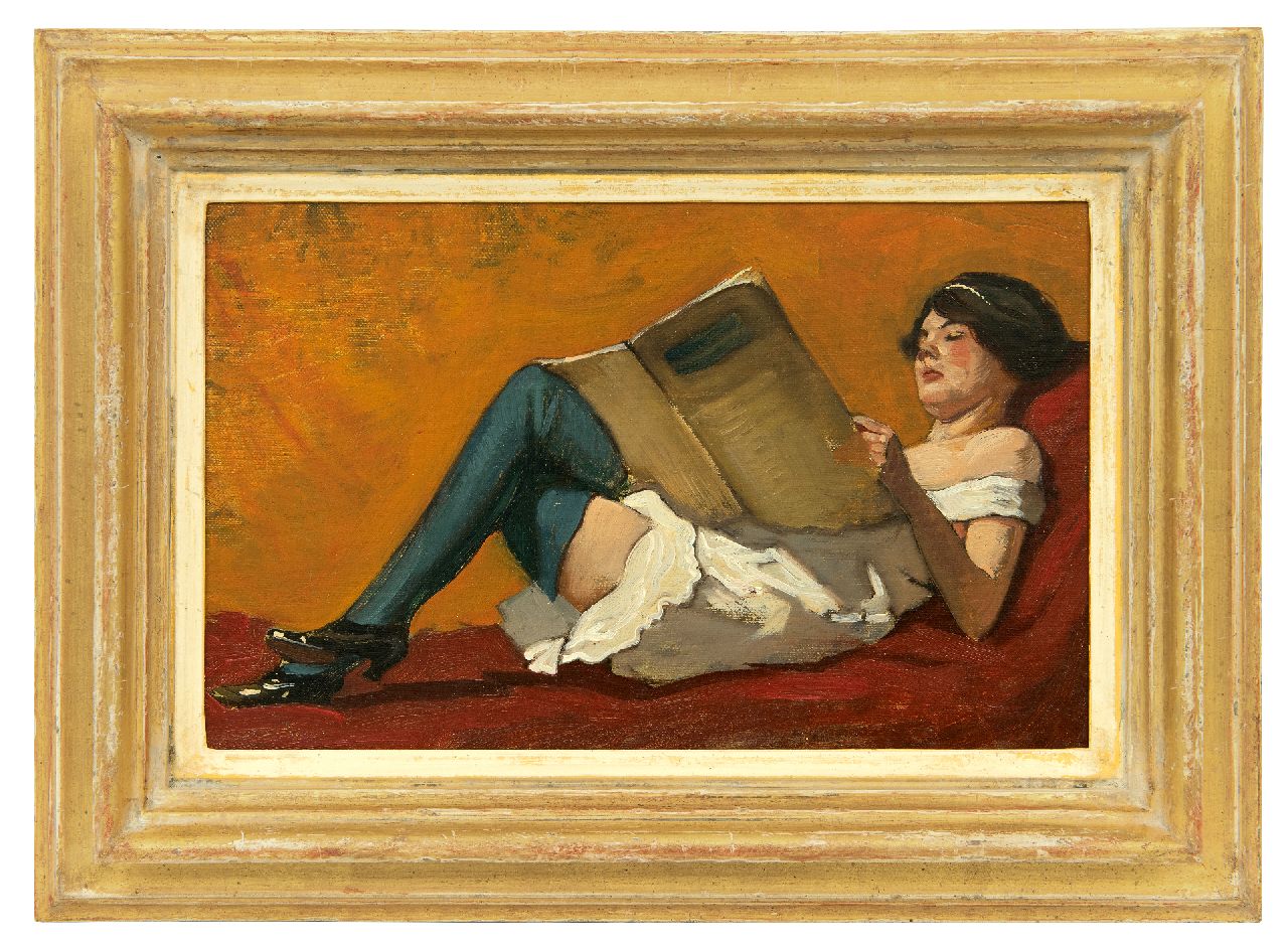 Houbolt E.  | 'Eduard' Johannes Fredericus Houbolt, Reading girl on a couch, oil on canvas laid down on panel 18.8 x 29.9 cm