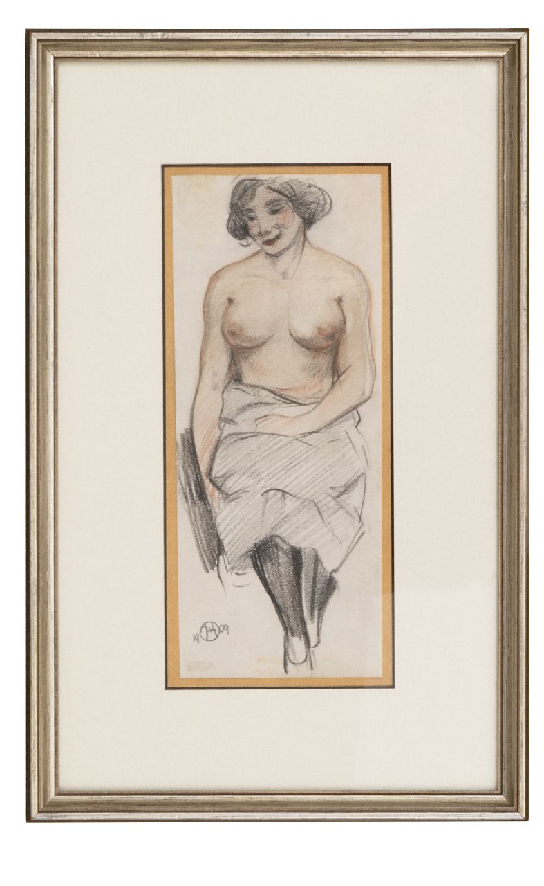 Houbolt E.  | 'Eduard' Johannes Fredericus Houbolt | Watercolours and drawings offered for sale | Seated nude, chalk on paper 19.8 x 8.2 cm, signed l.l. with monogram and dated 1909