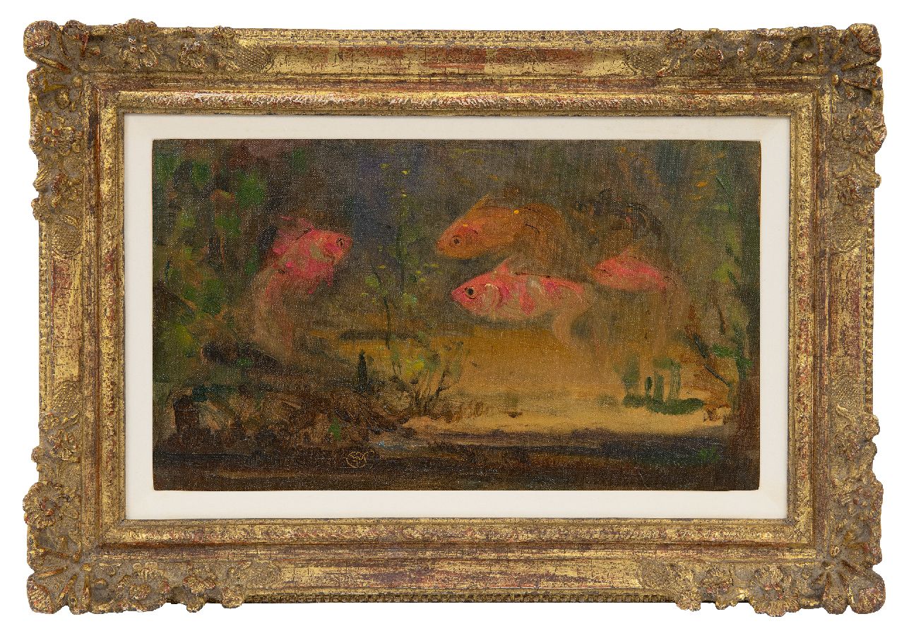 Dijsselhof G.W.  | Gerrit Willem Dijsselhof | Paintings offered for sale | Sluierstaartvissen, oil on canvas laid down on board 19.1 x 31.6 cm, signed l.l. with monogram