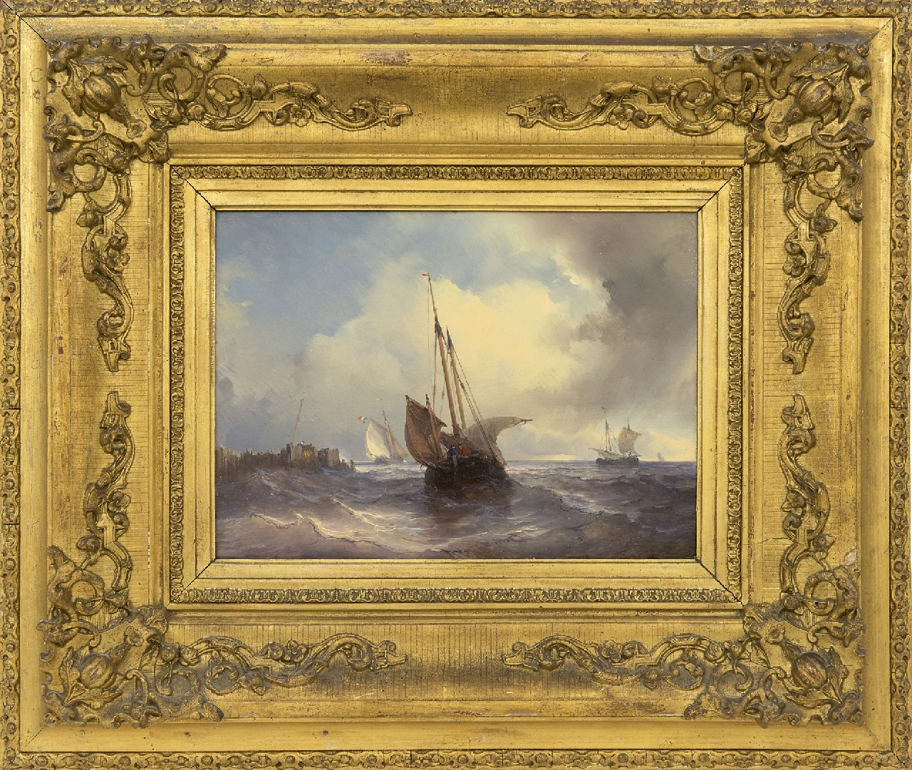 Meijer J.H.L.  | Johan Hendrik 'Louis' Meijer, Sailing ships on a choppy sea, oil on panel 18.8 x 25.7 cm, signed u.r.