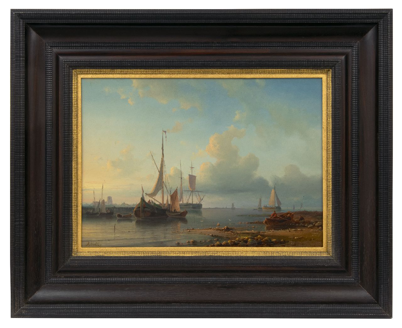 Hulk A.  | Abraham Hulk, Ships at anchor in calm waters, oil on panel 30.7 x 44.1 cm, signed l.l.